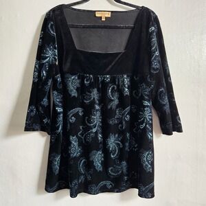 Notations Velvet Paisley Glitter Square Neck Empire Waist Tunic Black Blue 2X